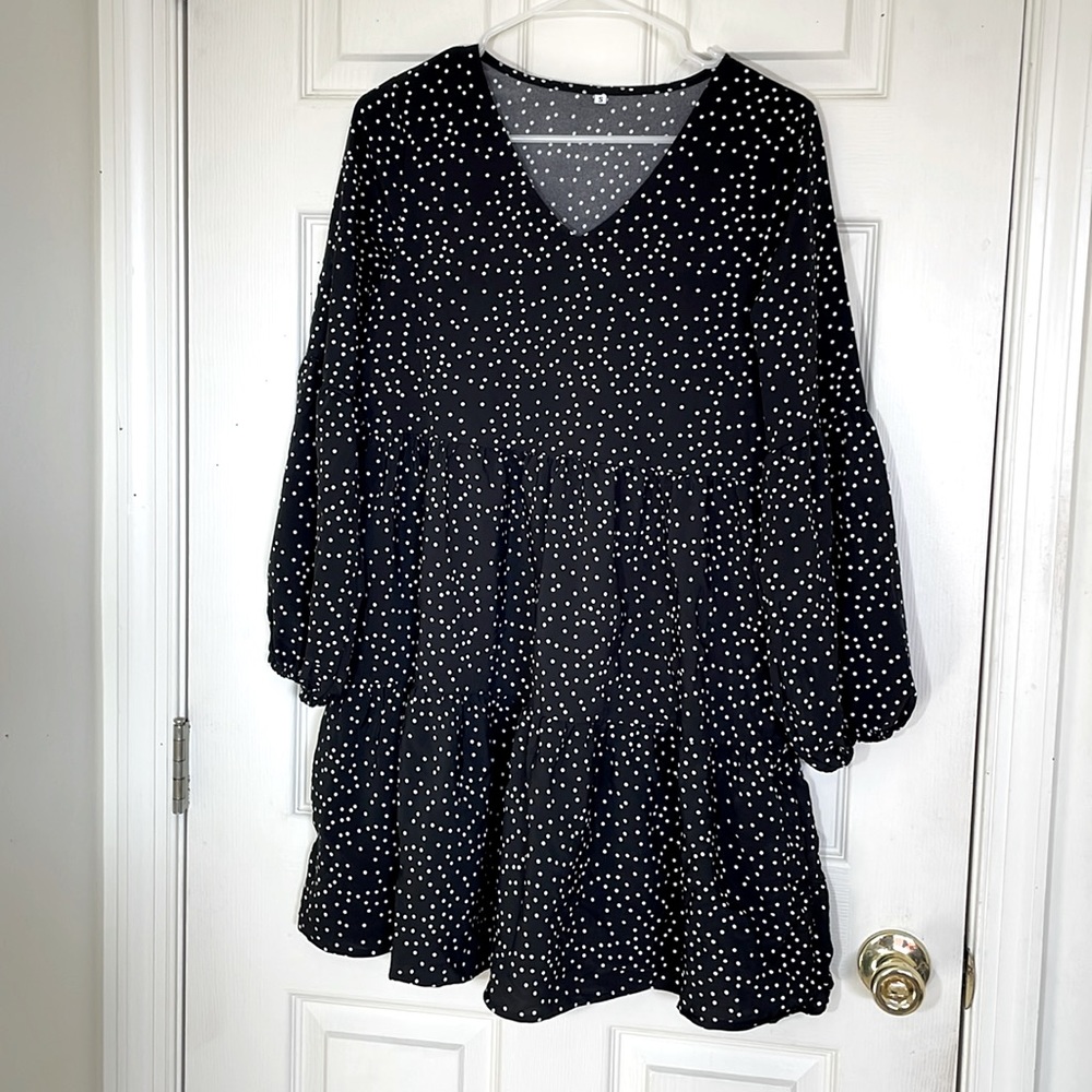 Black & White Polka Dots Bohemian Balloon Sleeves Loose Fit Dress Size Small